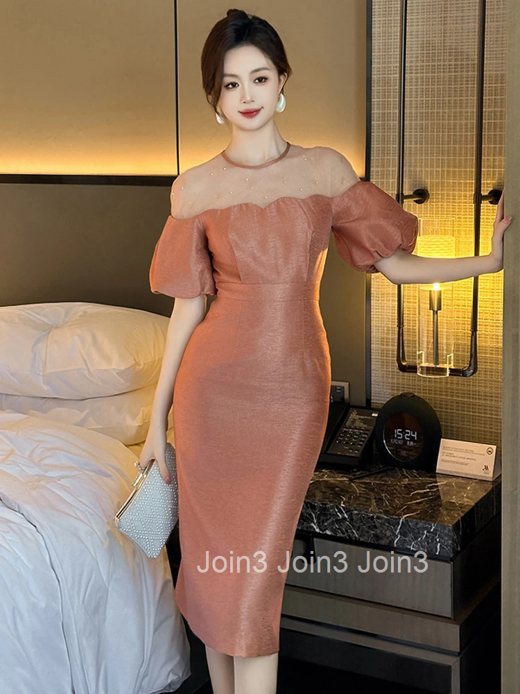 Summer Mesh Splice Bubble Sleeve Evening Dress Women Clothes Elegant Retro Sheer Sexy O-Neck Slim Midi Pencil Party Prom Vestido