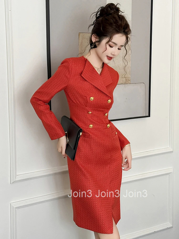 New Fashion Ladies Red Formal Occasion Pencil Dresses Women Clothes Mujer Elegant Office Commute Long Sleeve Slim Dress Vestidos