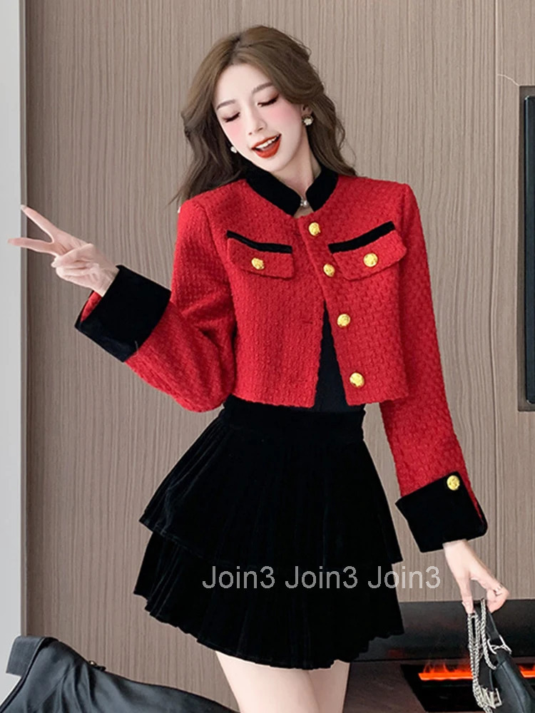 Korean Fashion Vintage 2 Pieces Outfits Women Ladies Mujer Elegant Red Coat Jacket Outwear And Strap Mini Dress Short Set Autumn