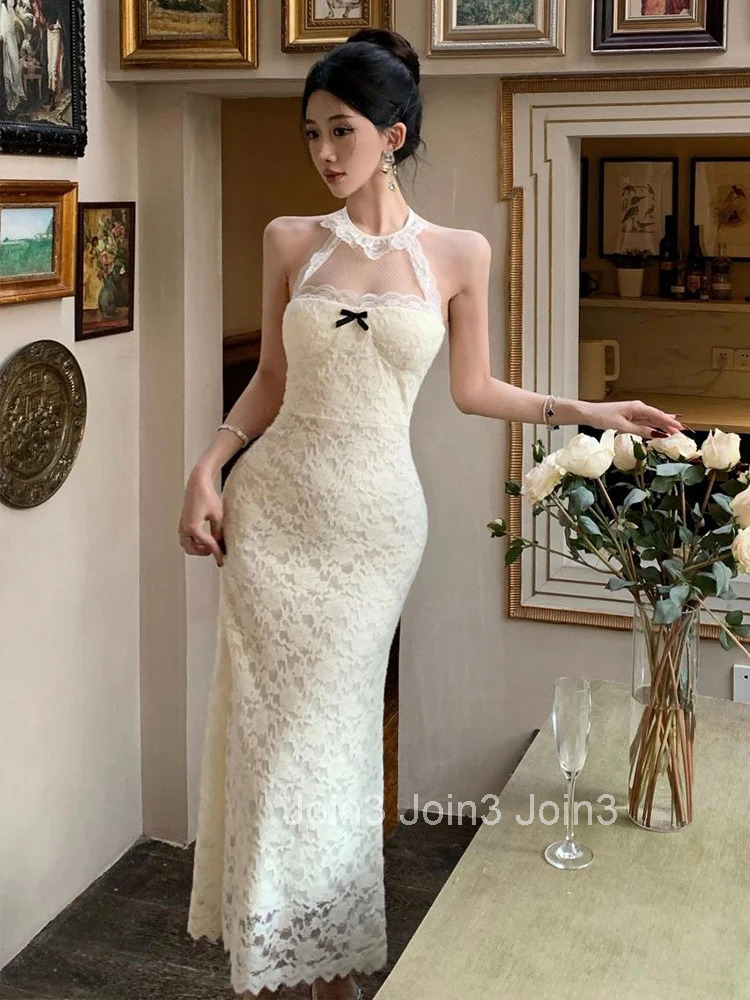 Women Clothes Sweet Lace Floral Sheer Sexy Halter Backless Slim Maxi Long Dress Elegant Ladies Fashion Party Prom Vestidos Robe