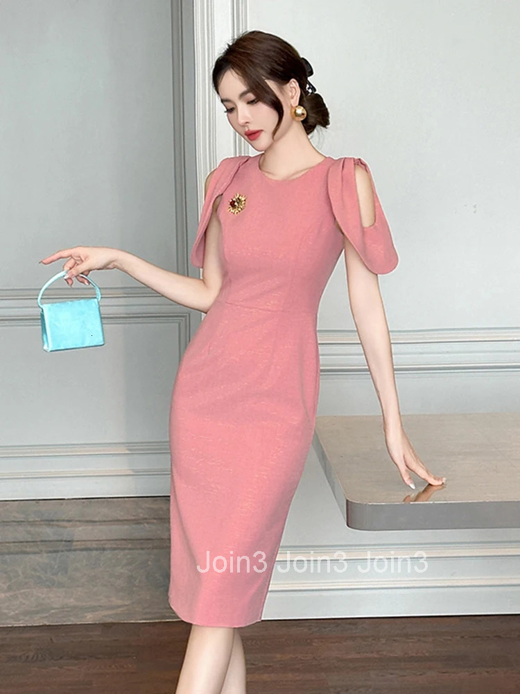 Summer Classic Elegant O-Neck Business Formal Occasion Dress Women Clothes Commute Sexy Hollow Short Sleeve Slim Pencil Vestidos