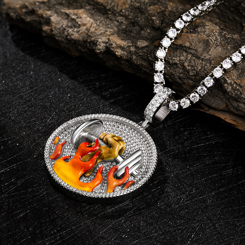 Hip Hop Punk Trendy Enamel Flame Dumbbell Moissanite Round Unique Niche Bling Bling Pendant Necklace