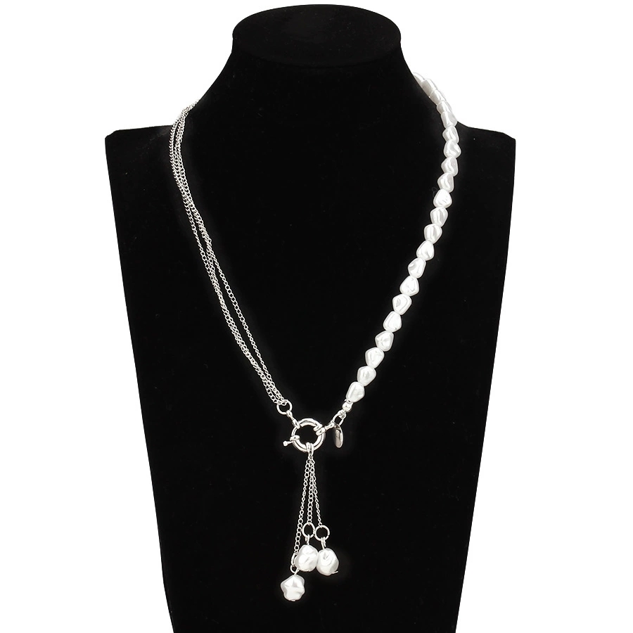 Asymmetrical irregular-shaped imitation pearl tassel necklace mixed with punk fine chain necklaces