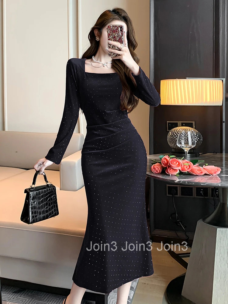 New Autumn Winter Retro Velvet Sparkly Evening Dress Women Clothes Elegant Square Collar Midi Fishtail Robe Party Prom Vestidos