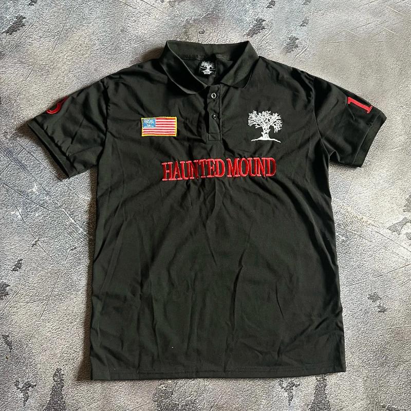 Men's Polos Haunted Mound Embroidered Retro Black Polo Shirt Y2K T Pumpkin Head Letter Oversized Short Sleeve Tops