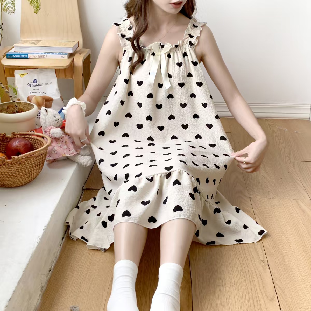 2025 women's models spring and summer sweet ins style halter mid-length loose nightgown female home dress black
