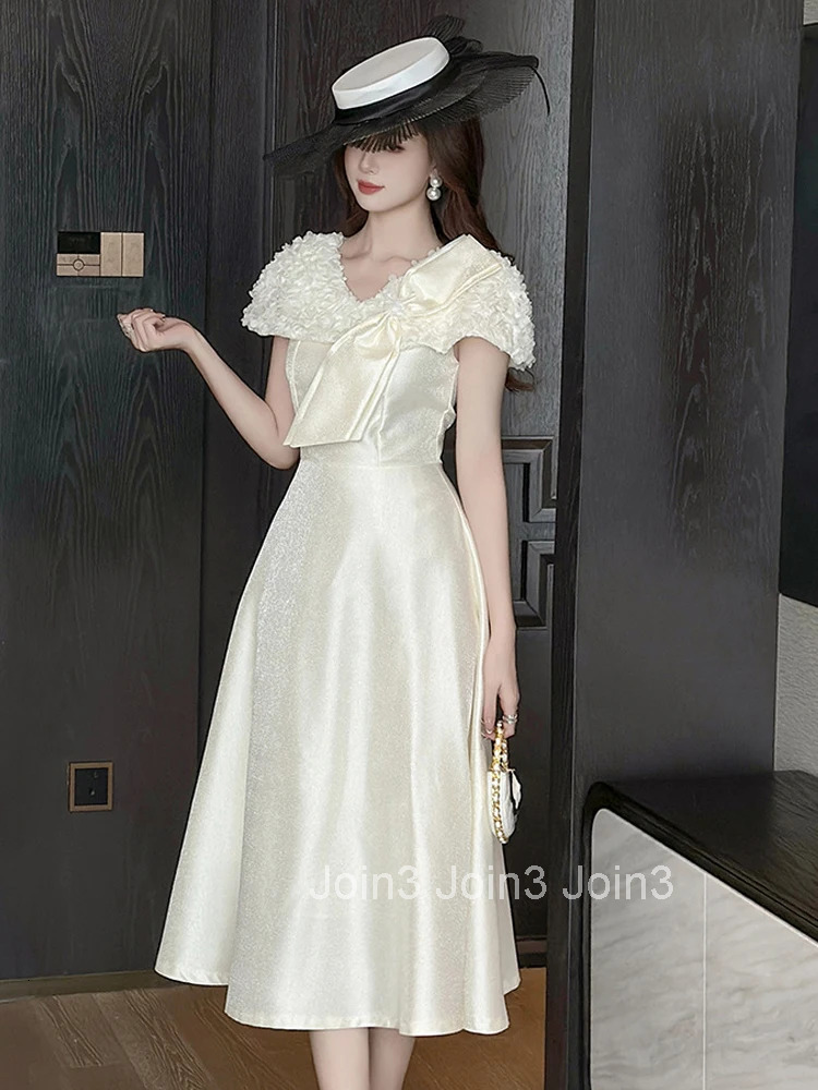 Summer French Fashion Sweet Bow Gown Evening Dress Women Clothes Elegant Floral V-Neck Slim A-Line Midi Robe Party Prom Vestidos