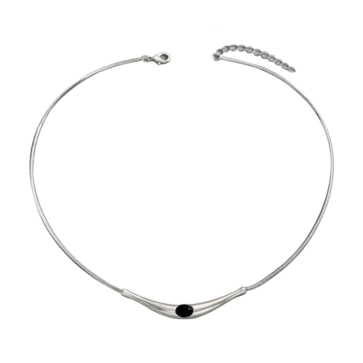 Fashion Style Women's Necklace Unique Crescent Design Inlaid With Black Onyx Stone Long Clavicle Chain