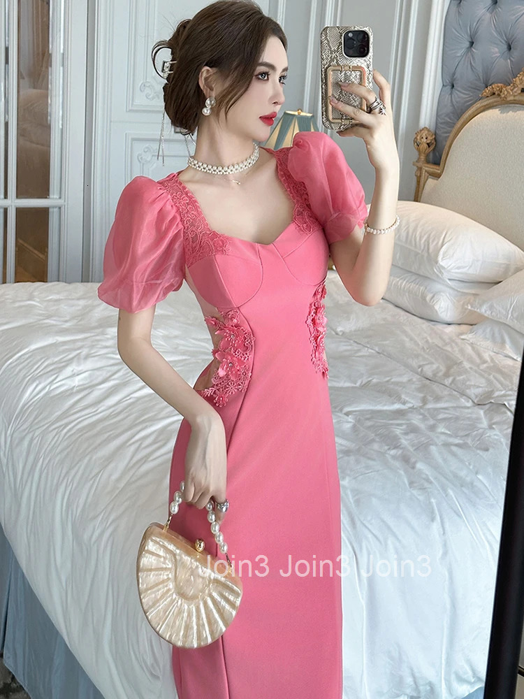 Summer Fashion Formal Occasion Evening Dress Women Clothing Elegant Luxury Sweet Sheer Sexy Puff Sleeve Slim Party Prom Vestidos