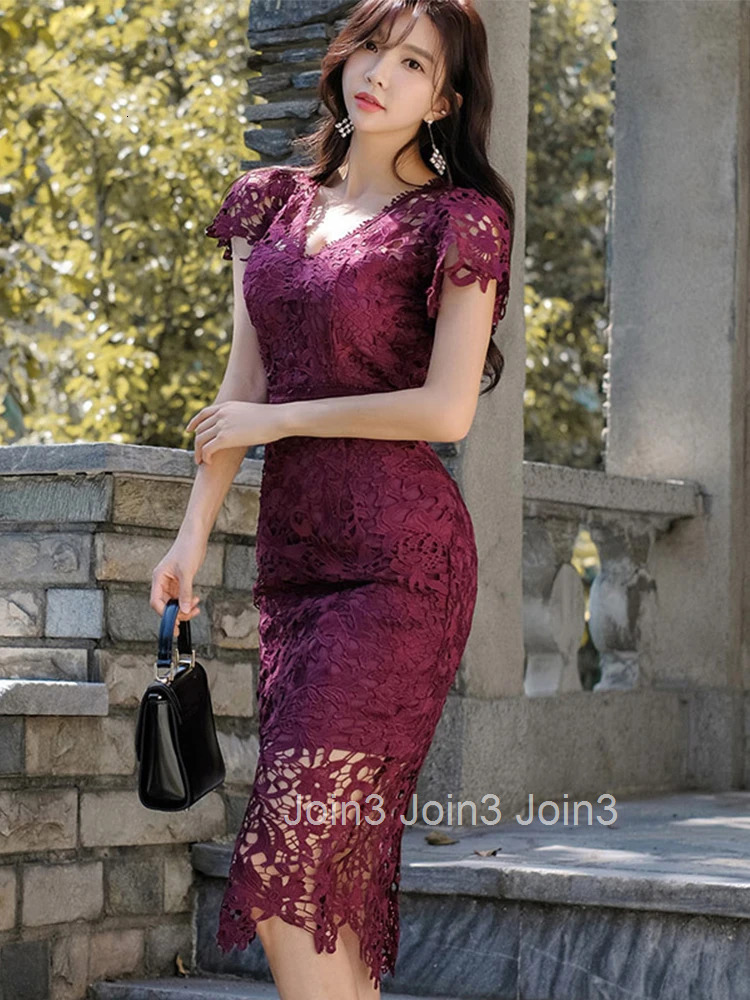 New Summer Lady Vintage Classic Solid Lace Formal Dresses Women Clothing Elegant Office Commute Hollow Sexy V-Neck Slim Vestidos