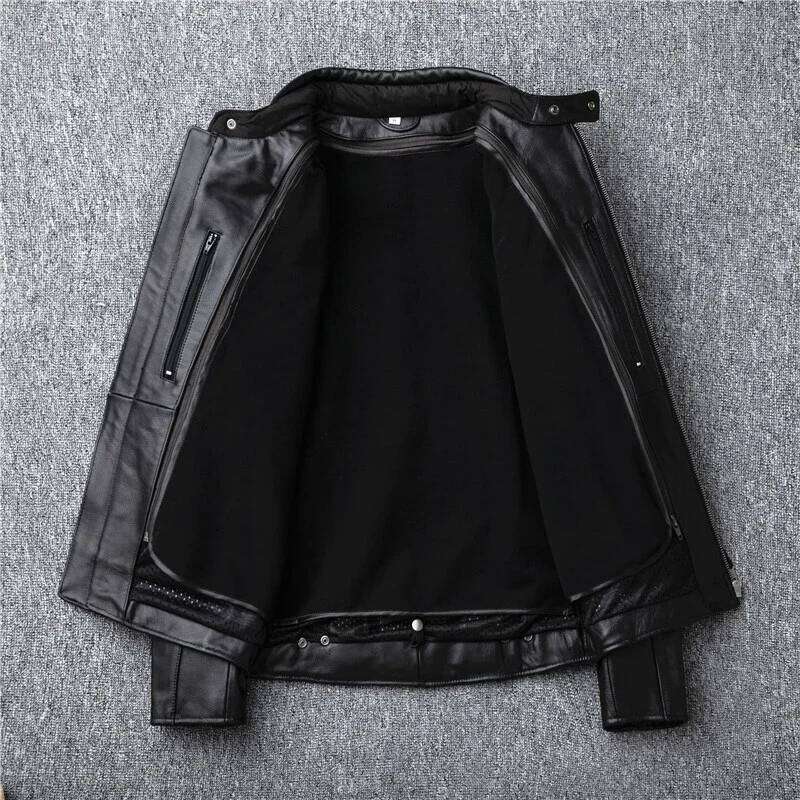 Men's Natural Leather Motorcycle Stand Collar Cropped Autumn Jacket Men Black Calfskin Biker Clothing Removable Lining