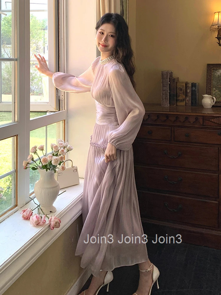 French Romance Vacation Evening Dress Women Clothes Sweet Fairycore Pearl Folds Maxi Robe Birthday Party Holiday Vestidos Spring