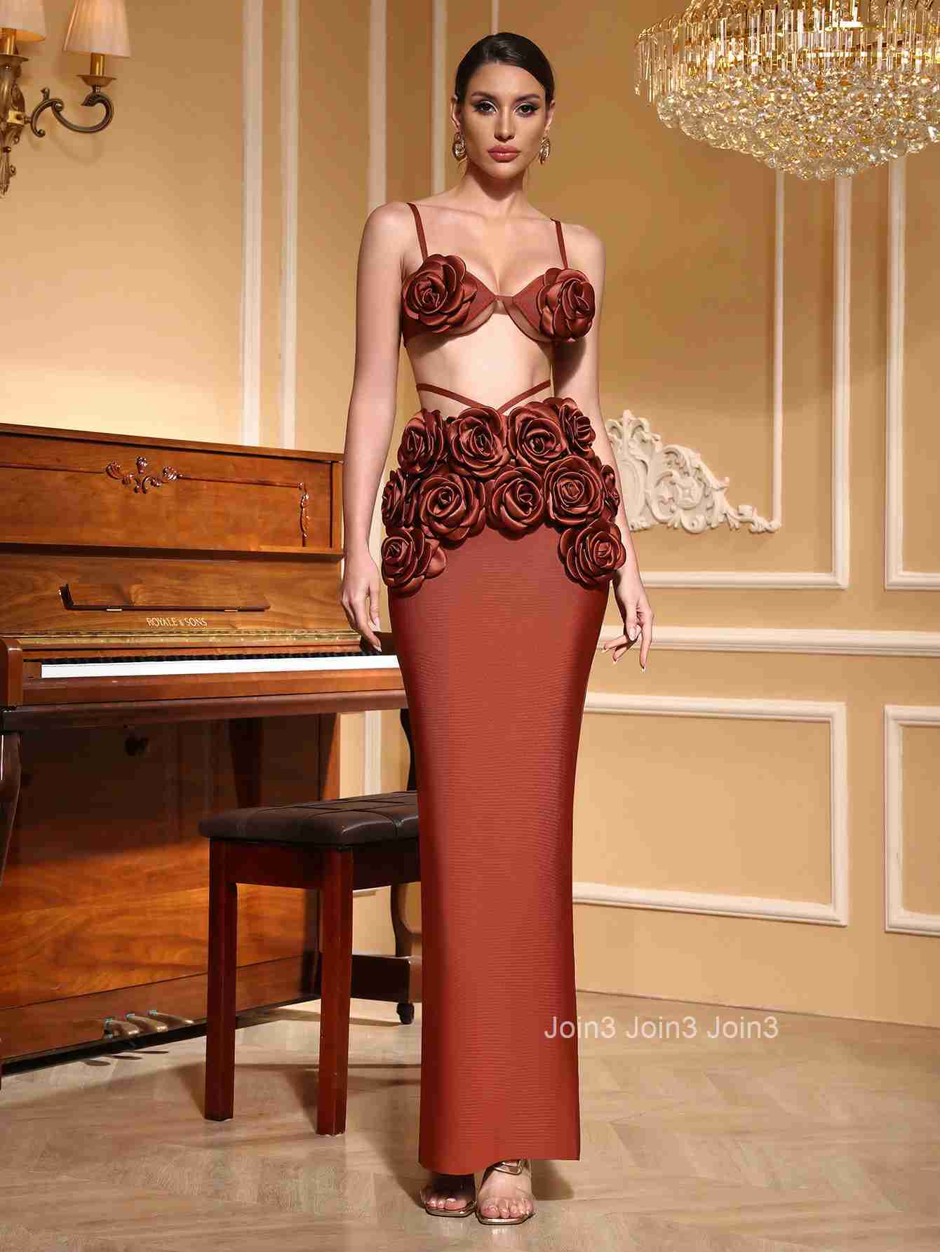 Womens Coffee Color Bandage Dress 3D Rose Crisscross Backless Mermaid Evening Gown High Slit Formal Party Dress
