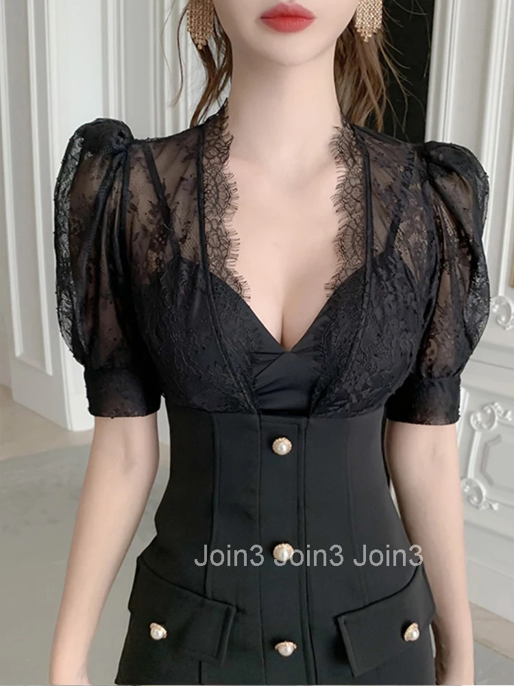 New Arrival Fashion Korean Bodycon Party Dress Women Elegant Summer Sexy Perspective Lace Temperament OL Black Pencil Dress