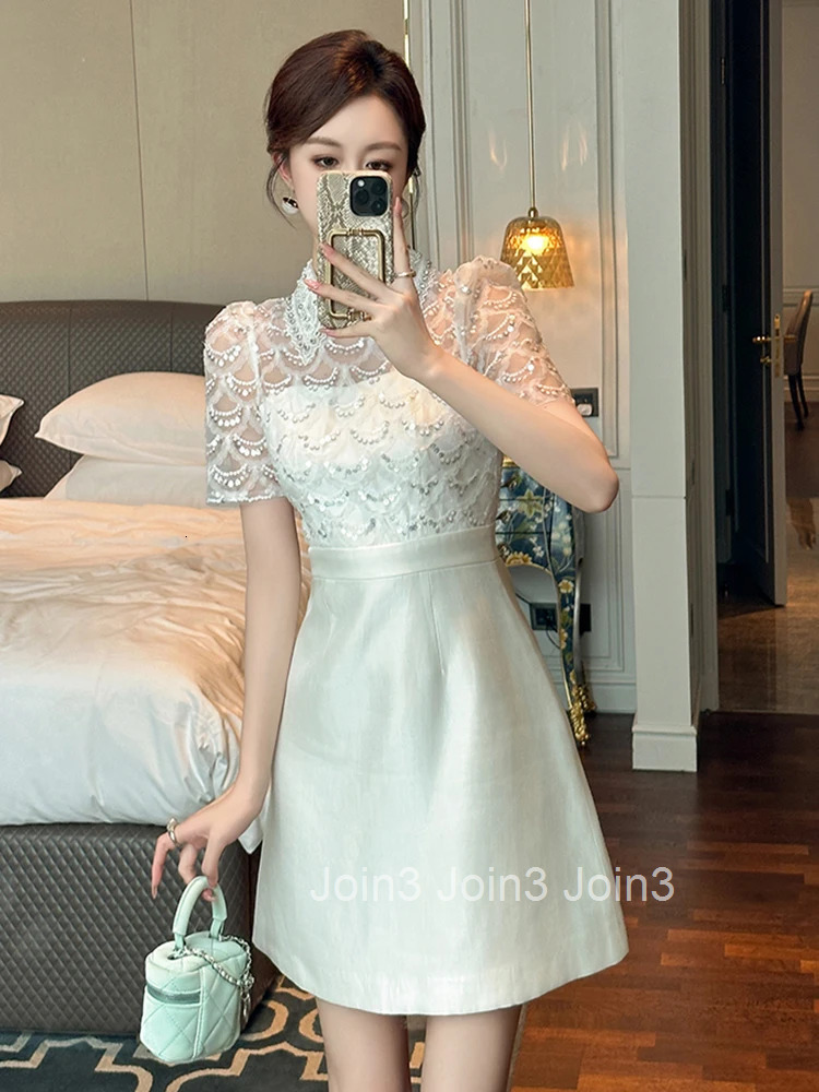 Summer White Satin Elegant Luxury A-Line Short Dress Women Clothes Retro Sequin Sheer Sexy Puff Sleeve Slim Party Prom Vestidos