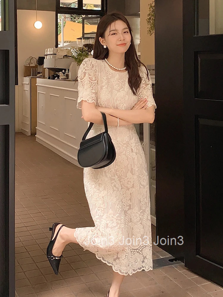 Summer Long Dress For Women Elegant Preppy Lace Embroidery O-Neck Puff Sleeve Slim Midi Robe Femme Mujer Vestidos Street Clothes