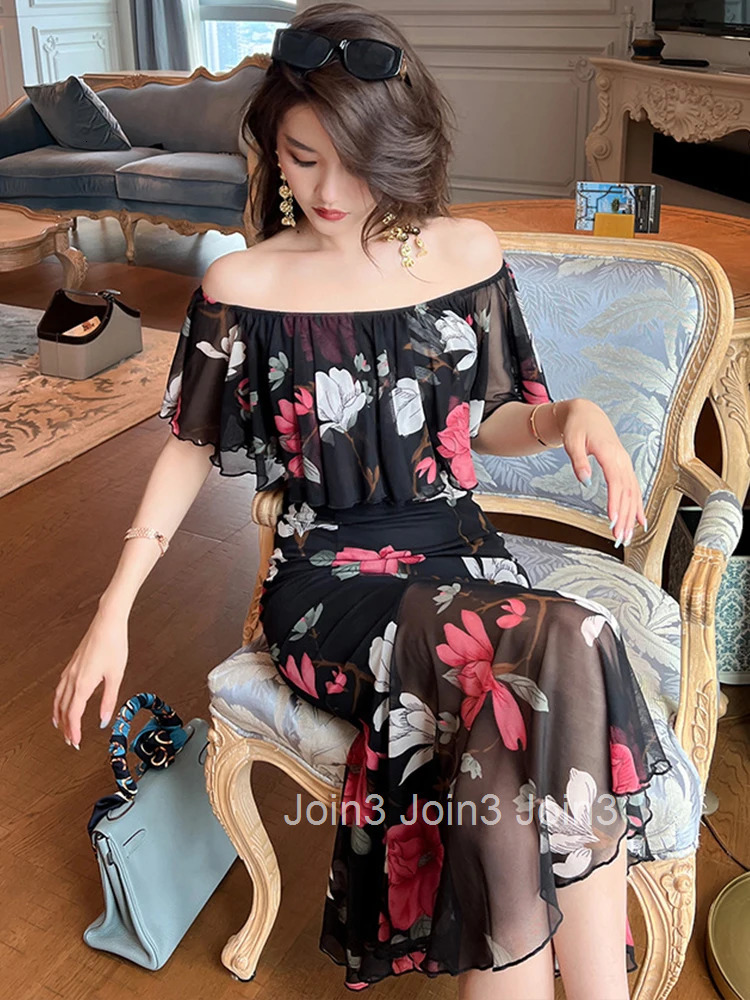 Korean Women Evening Dress Vintage Sheer Sexy Off-Shoulder Backless Slim Midi Party Beach Prom Robe Femme Mujer Vestidos Fiesta