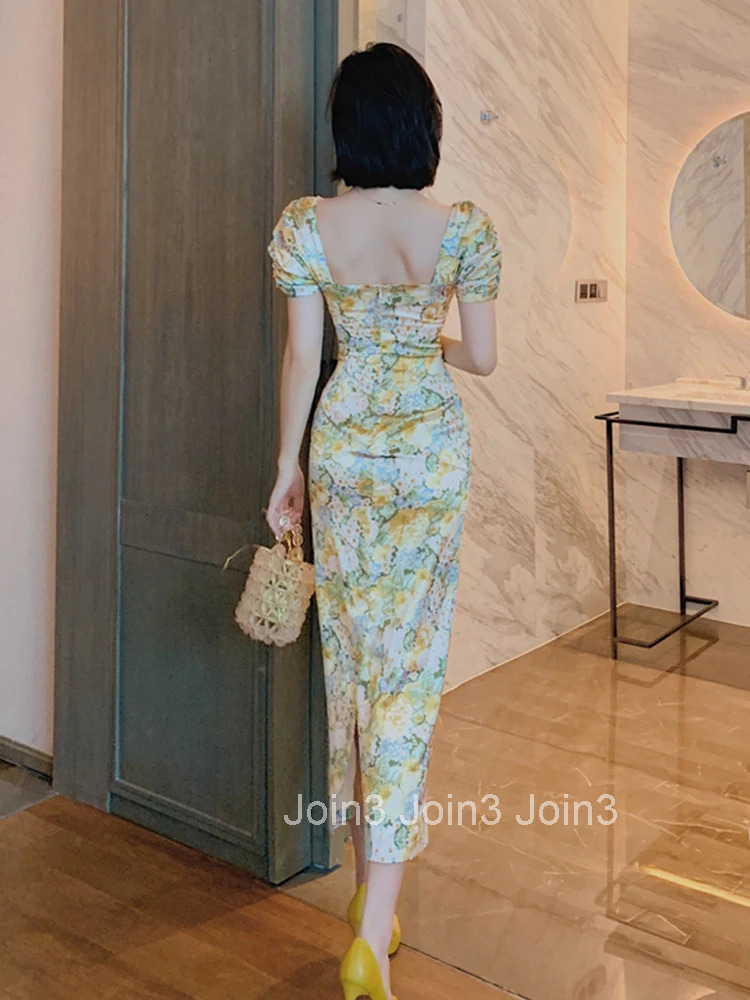 New Arrival Fashion Retro Dress Women Elegant Summer Puff Sleeve Beach Dress Temperament Lady Print Party Pencil Long Dress