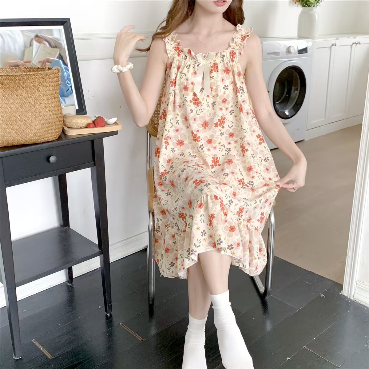 2025 women's models spring and summer sweet ins style halter mid-length loose nightgown female home dressred flower