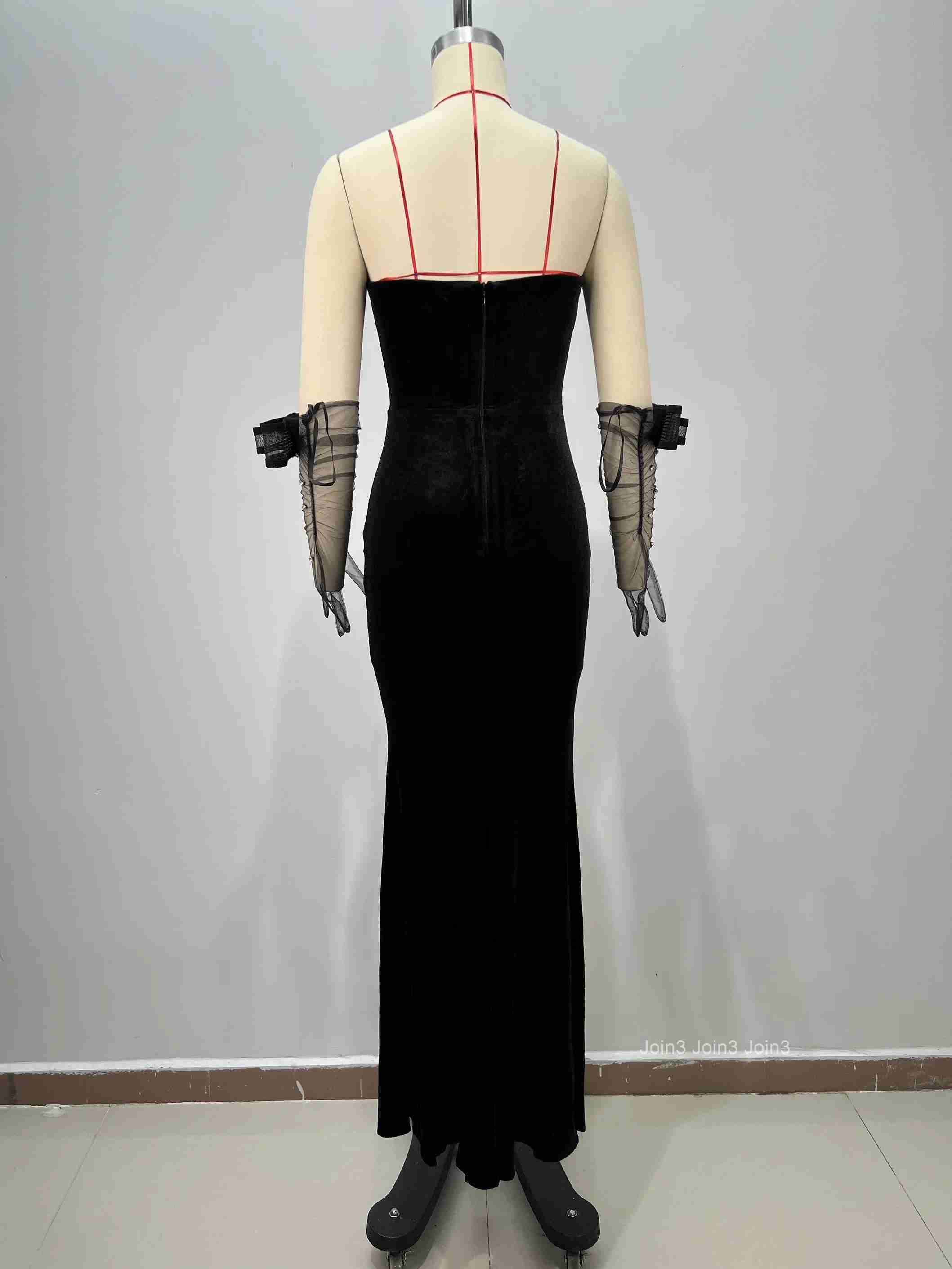Womens Black Bandage Crystal Embellished Dress with Sheer Mesh Sexy High Slit Evening Gown Velvet Strapless Party Dress