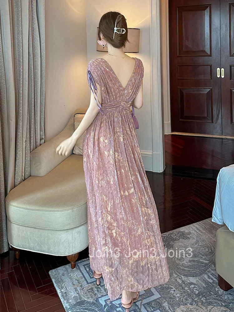 Summer Fashion Sparkly Bright Silk Evening Dress Women Clothing Pink Sweet Sexy Deep V-Neck Slim Party Prom Robe Vestidos Fiesta