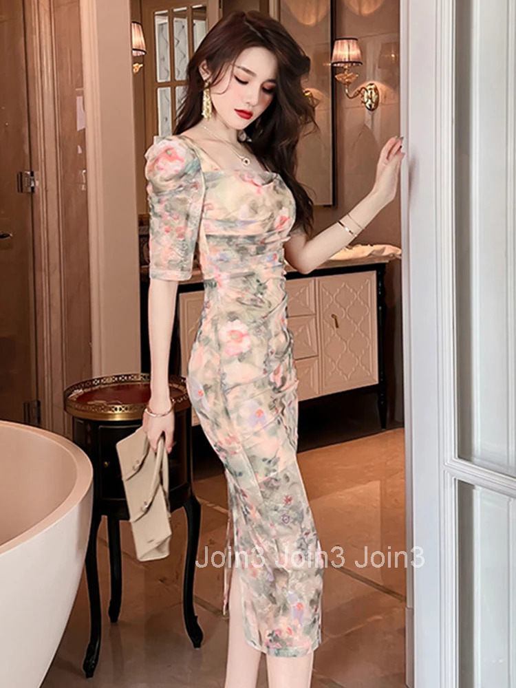 New Mesh Elegant Women Evening Dress Temperament Vintage Flower Sheer Slit Midi Party Club Beach Boho Robe Femme Mujer Vestidos