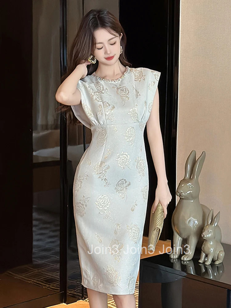 Summer Fashion Work Style Formal Occasion Pencil Dress Women Clothes Elegant Rose Print Sleeveless Slim Midi Party Prom Vestidos