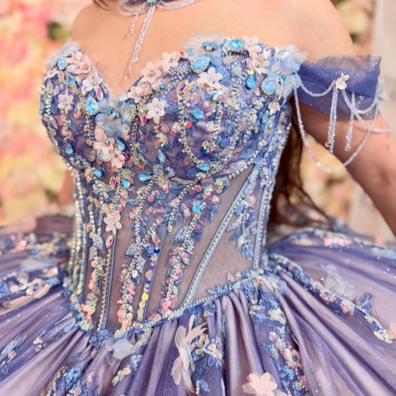 Purple Shiny Princess Ball Gown Quinceanera Dresses 3D Floral Applique Beading Crystal Tull Sweet 16 Dress Vestidos De 15 Anos