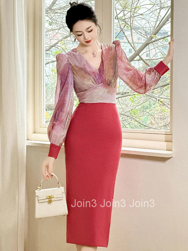 Spring Fashion Lady Work Style Formal Occasion Pencil Dress Women Clothing Elegant Office V-Neck High Waist Slim Midi Vestidos