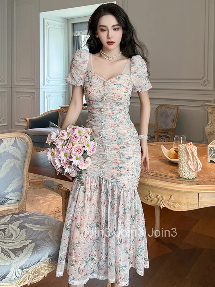 New Summer Elegant Women Evening Dress Mesh Floral V-Neck Folds Slim Midi Dresses Party Club Prom Beach Robe Femme Mujer Vestido