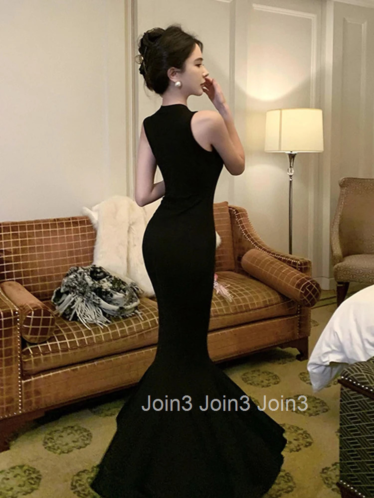 French Style Party Dress Women Luxury Elegant Black Sexy Vest Bodycon Long Fishtail Robe Female Evening Prom Vestidos Dance Host