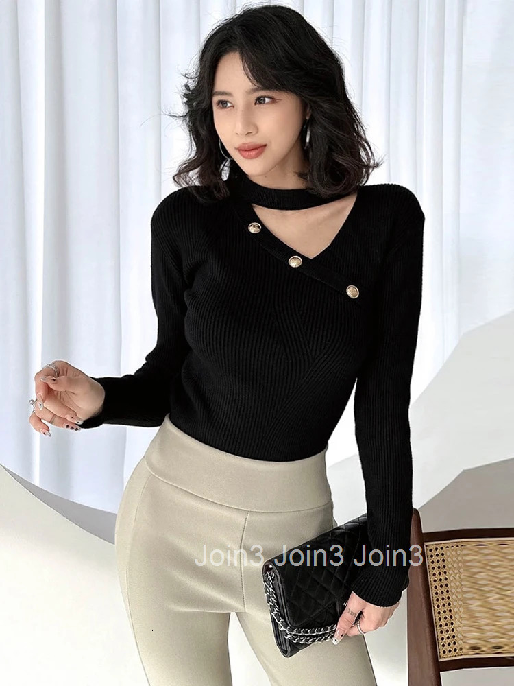 Fashion Autumn Winter Knitted Shirt Mujer Women Ladies Sweater Black Chic Hollow O-Neck Long Sleeve Skinny Stretchy Clothes Tops