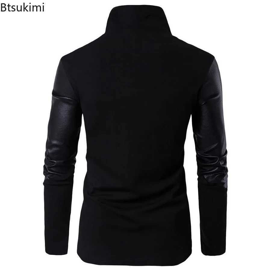 Fashion Stand Collar Leather Patchwork Knitted Jacket for Men Spring Autumn Punk Style Motorcycle Zip Coat Handsome Men Clothing W250623