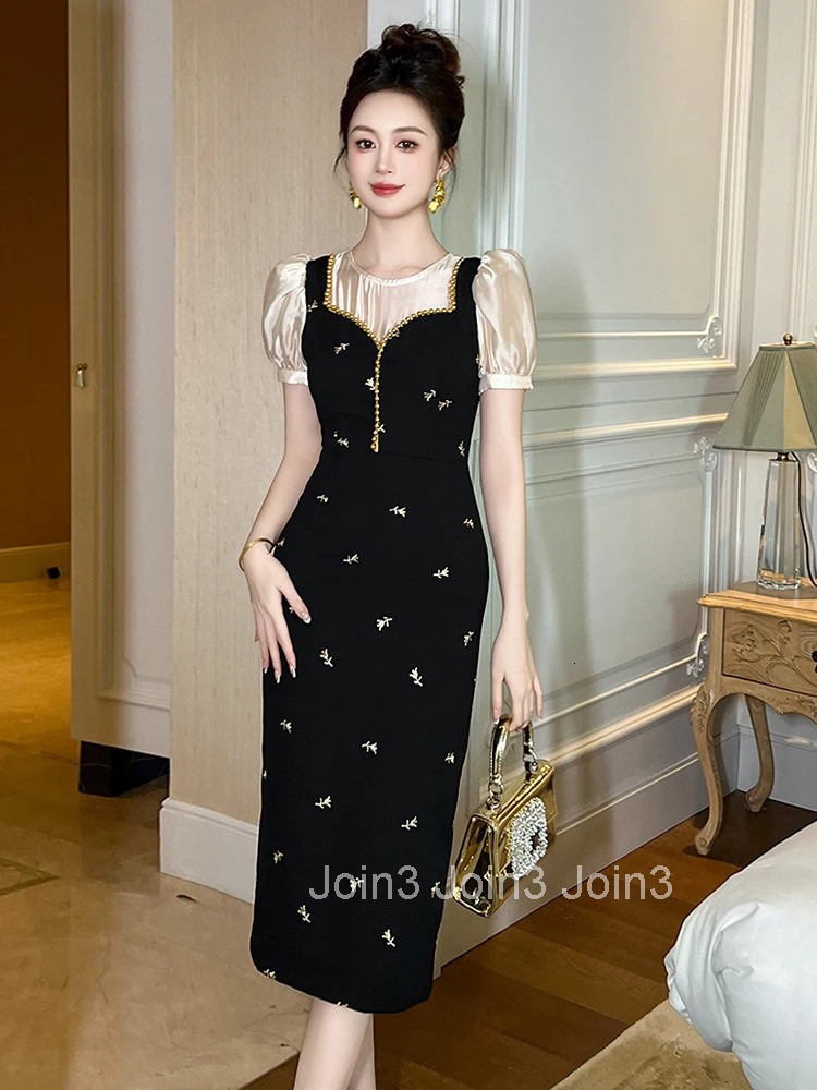 New Summer Fashion Black Fake 2 Pieces Formal Occasion Dress Women Clothes Casual Elegant Puff Sleeve Slim Pencil Party Vestidos