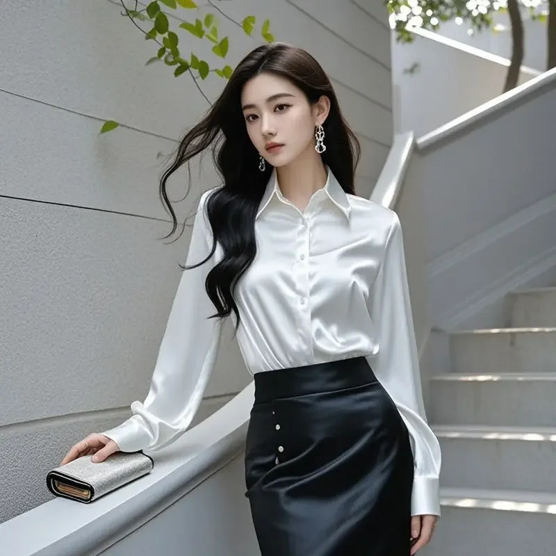 2025 High-end Gray Satin Shirt Blouse Women Style Satin Coat Lapel Red Womens Long Sleeve French Silk Professional Shirt 250617