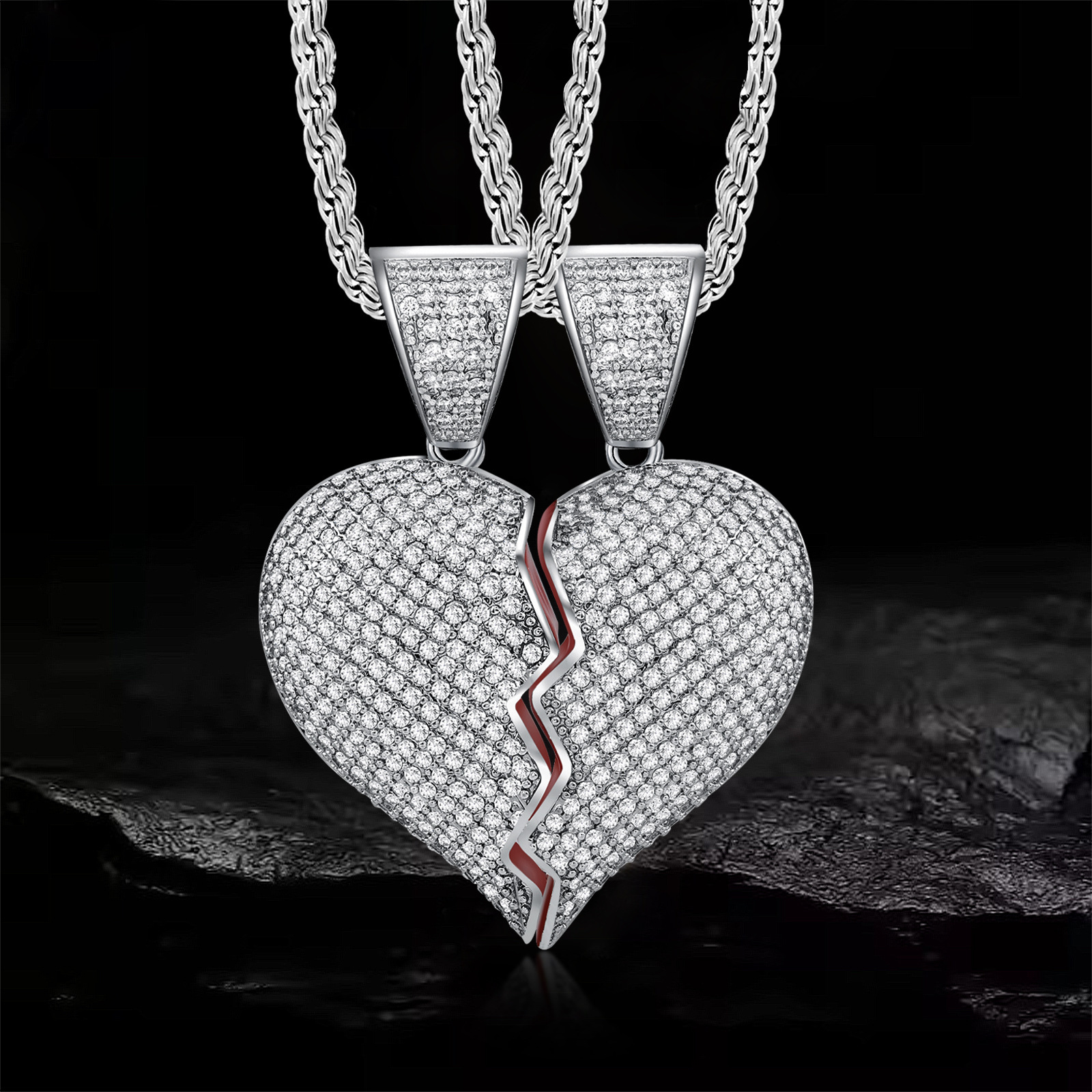 Hip Hop Broken Heart Shape Pendant Diamond Inlaid Unique Trendy Fashion Bling Bling Statement Necklace