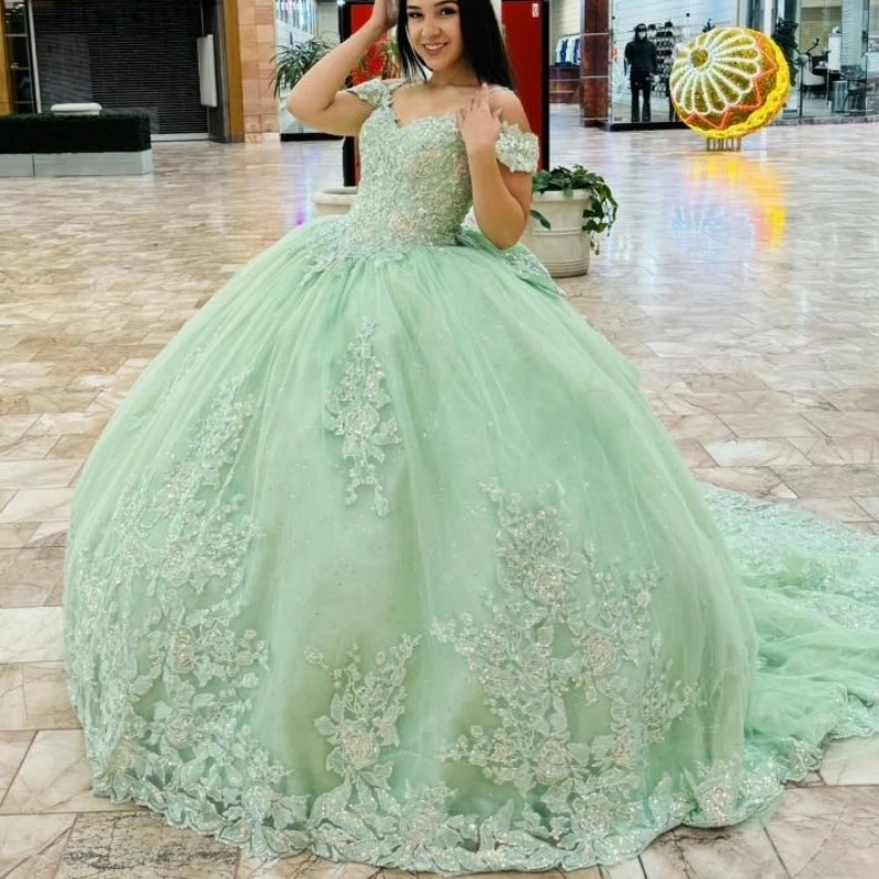 Mint Green Glitter Ball Gown Quinceanera Dresses Lace Applique Beading Bow Tull Corset Sweet 16 Dress Vestidos De 15 Anos