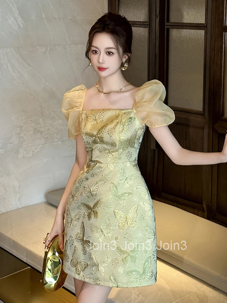 New Summer Sparkly Gold Butterfly Print Gown Evening Dress Women Clothes Elegant Puff Sleeve Slim Short Party Club Prom Vestidos