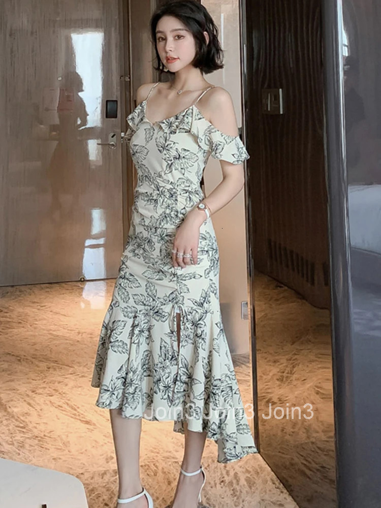 New Summer Women Elegant Evening Dress Chic Floral Sexy Strap Ruffle Slim Midi Dresses Party Club Beach Prom Robe Femme Vestidos