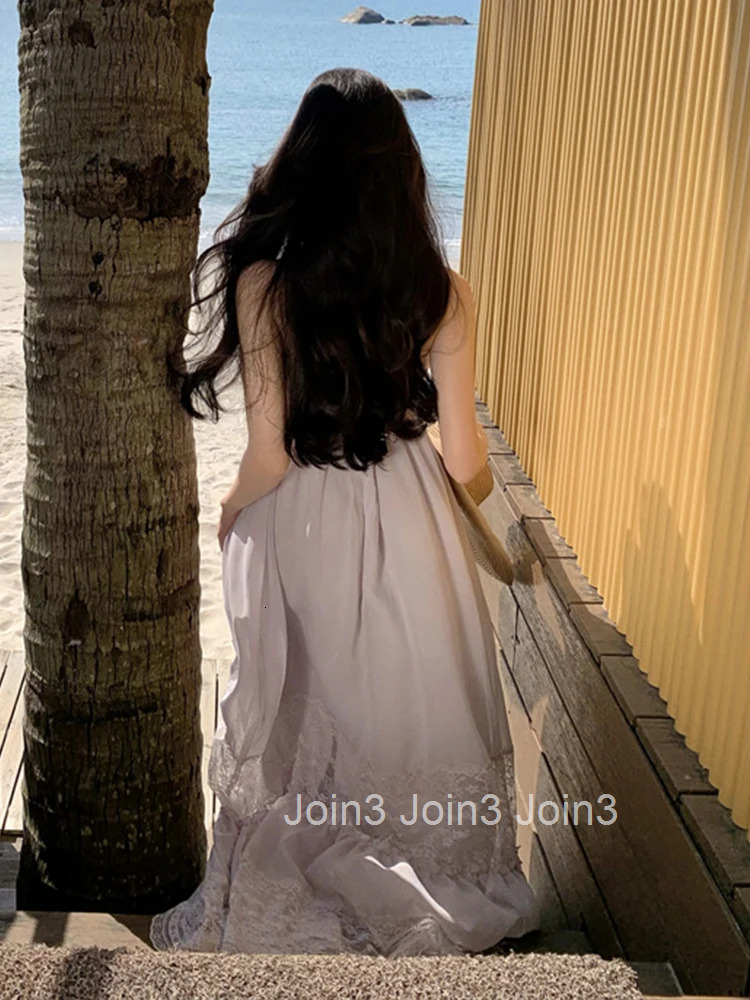 Women Clothes Sweet Lace Sexy Strap V-Neck Loose Maxi Long A-Line Dress Elegant Fashion Party Vestidos Fiesta Robe Vacation New