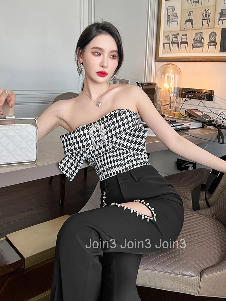 Elegant Women Sexy Party Club Ladies Clothes Strapless Blouse Houndstooth Chest Wrap Bow Diamond Coffee Break Female Short Tops