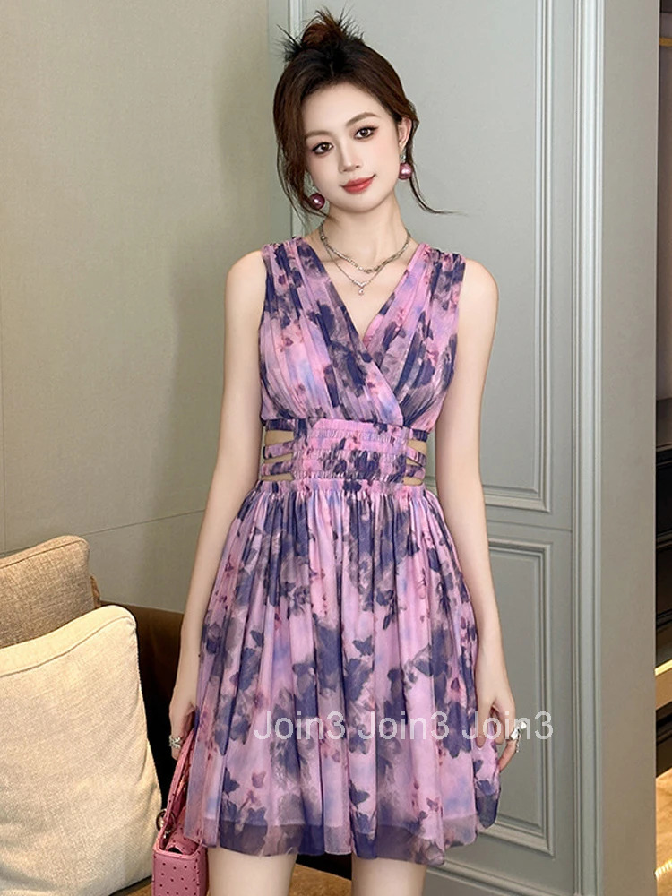Women Clothes Floral Print Sexy Sleeveless Hollow Slim Mini Short A-Line Dress Elegant Fashion Party Vestido Vacation Casual New