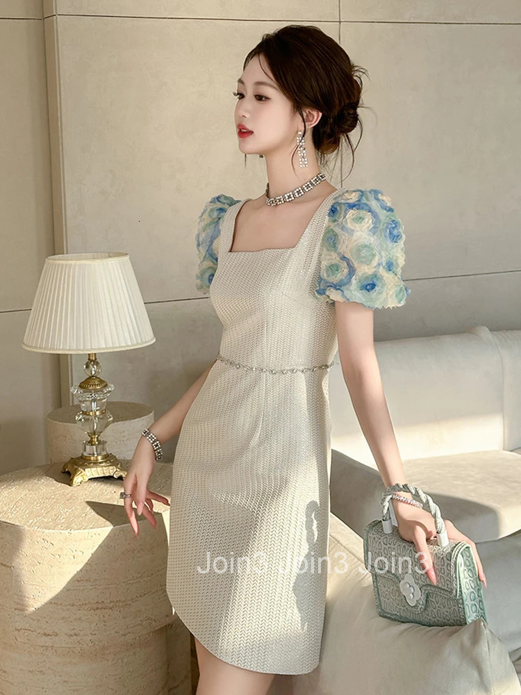 New Fashion Silver Shiny Bright Silk Summer Evening Dress Women Clothes Elegant Sweet Floral Puff Sleeve Slim Party Prom Vestido