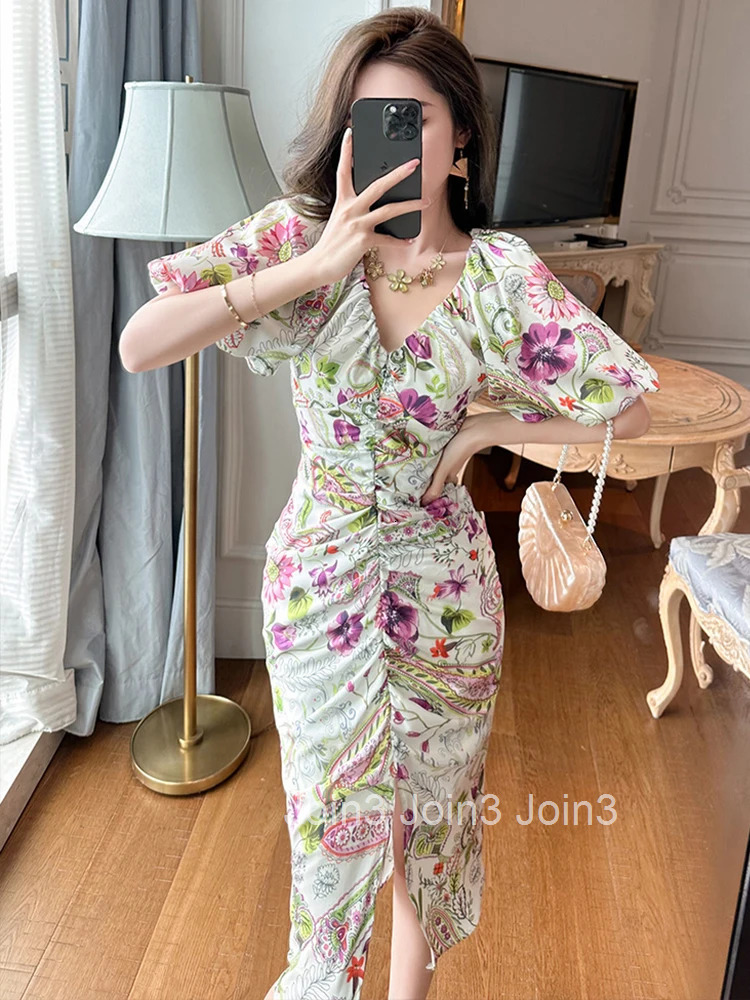 New French Romance Summer Elegant Women Evening Dress Chic Satin V-Neck Slit Slim Midi Party Prom Beach Robe Femme Mujer Vestido