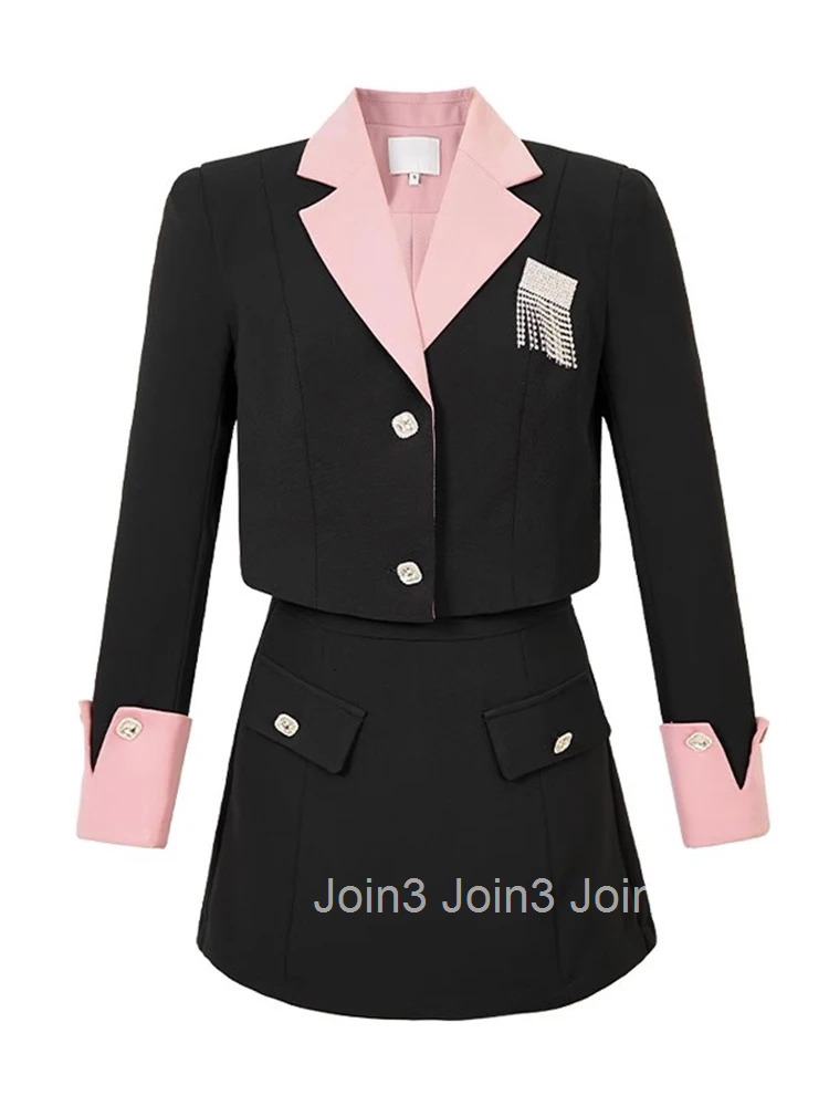 New Fashion Ladies Black Formal 2 Pieces Outfit Suits Women Clothing Cropped Tops Coat Blazer Suit And Mini Skirt Pant Short Set