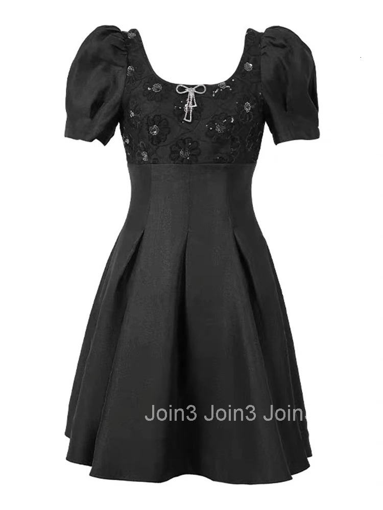 Summer Black Sequin Square Collar Gown Evening Dress Women Clothes Vintage Sweet Puff Sleeve Slim Short Party Club Prom Vestidos