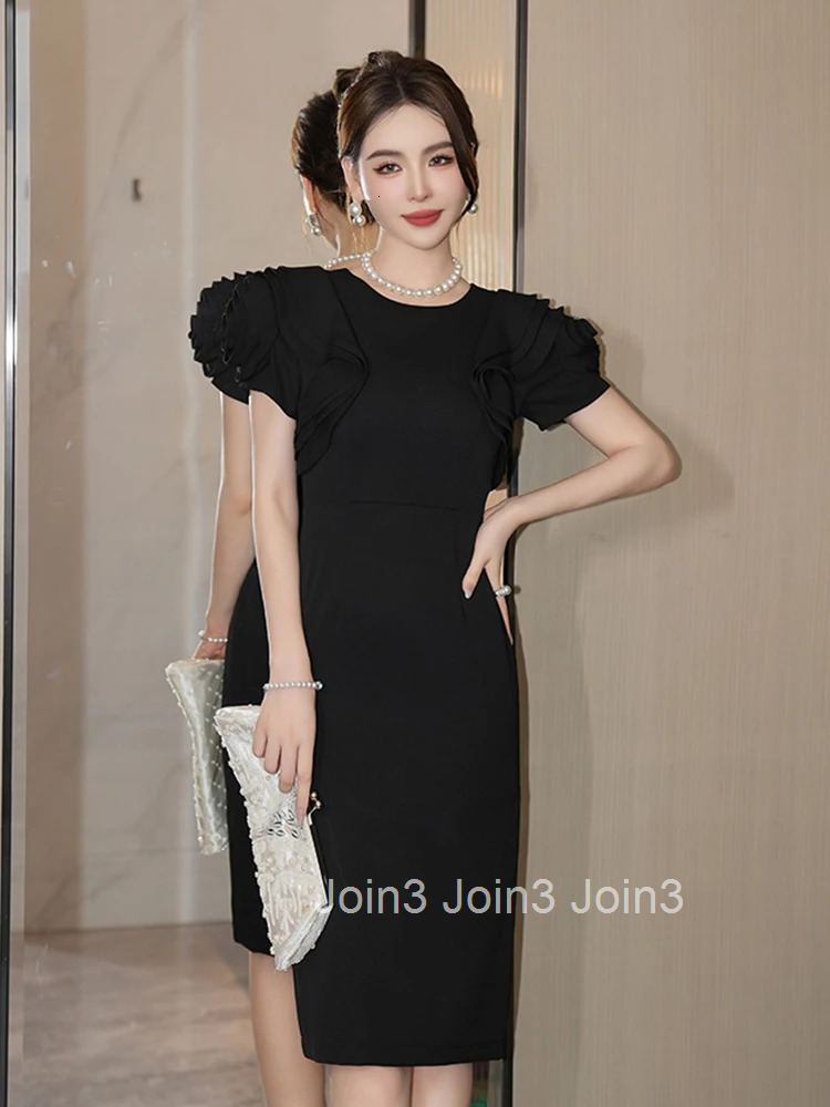 New Black Elegant Formal Occasion Pencil Dress Women Elegant Office O-Neck Ruffle Sleeve Slim Party Prom Vestidos Street Clothes