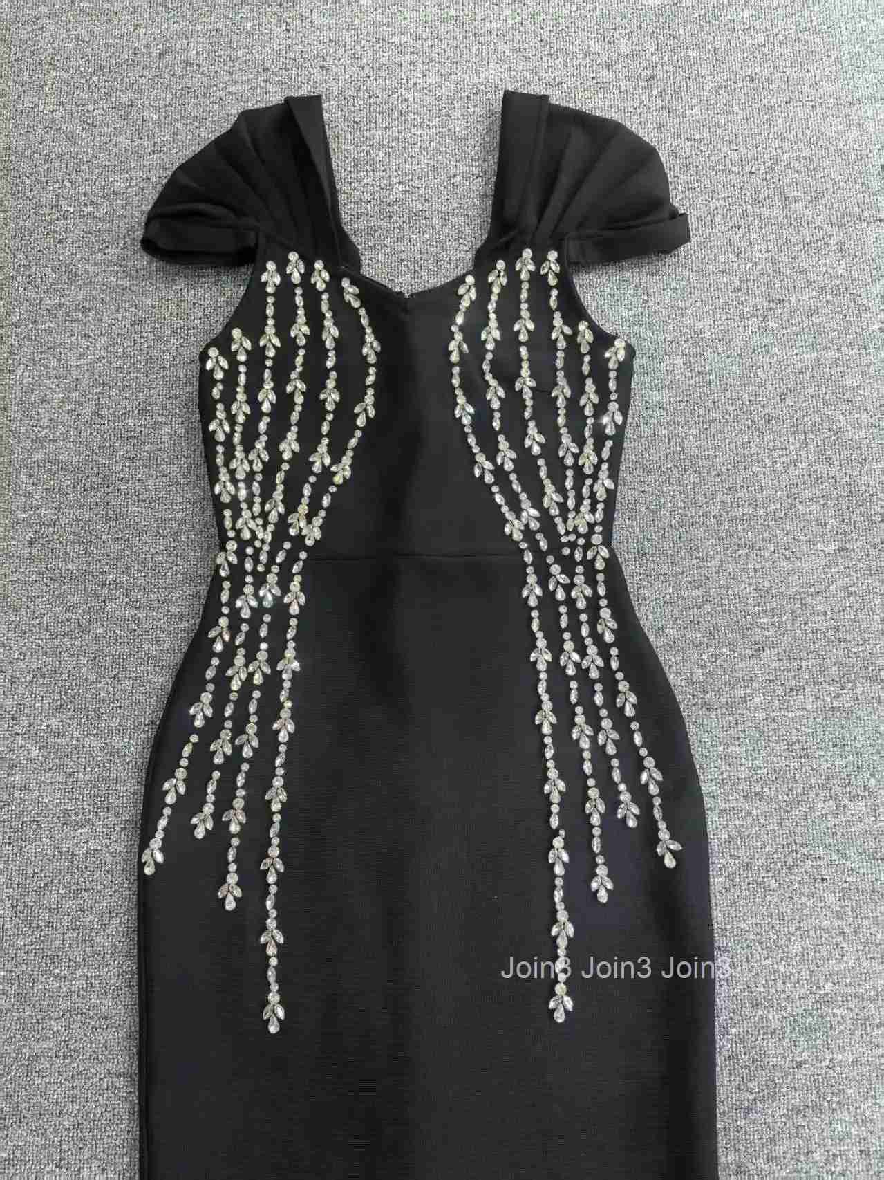 Womens Black Bandage Dress Off-Shoulder Crystal Embellished Gown Beaded Bodice Ruffled Straps Formal Evening Wear Party Dress