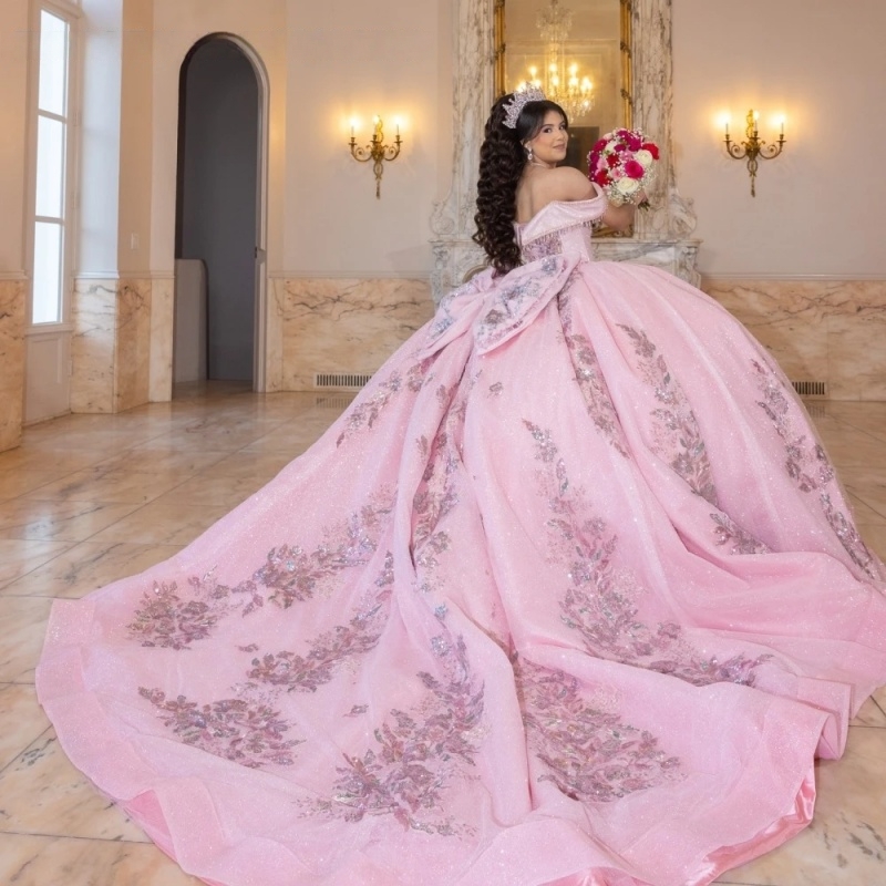 Pink Shiny Ball Gown Quinceanera Dres Glitter Sequins Lace Applique Beading Sweet 16 Vestidos De 15 Anos