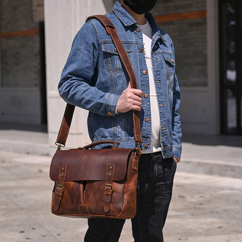 Men's Briefcase Crazy Horse 15 16inch Cowhide Commuter Genuine Leather Shoulder Laptop Bag